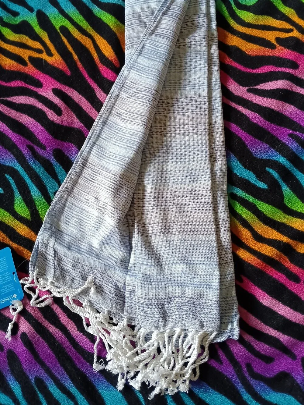 🖤NWT Columbia Wayfarer Cotton Scarf Striped Blue Tassles One Size Unisex